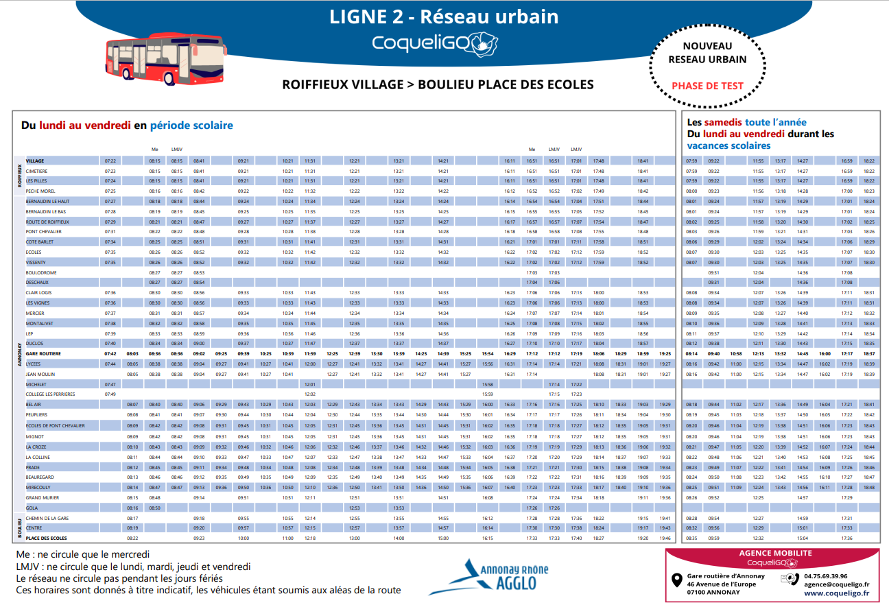 Horaires Ligne 2 réseau urbain